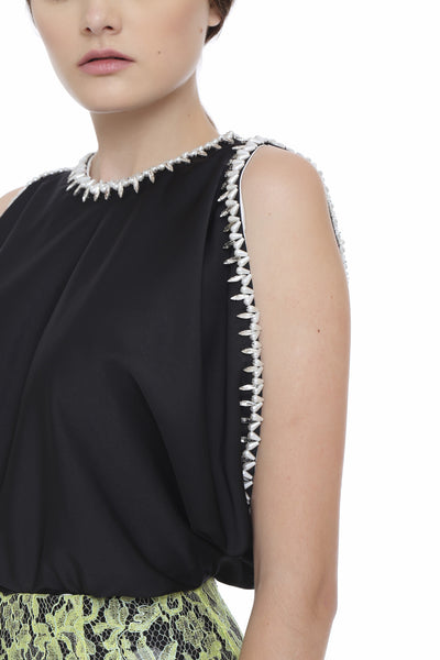 Black and White Beaded Low Armhole Blouse