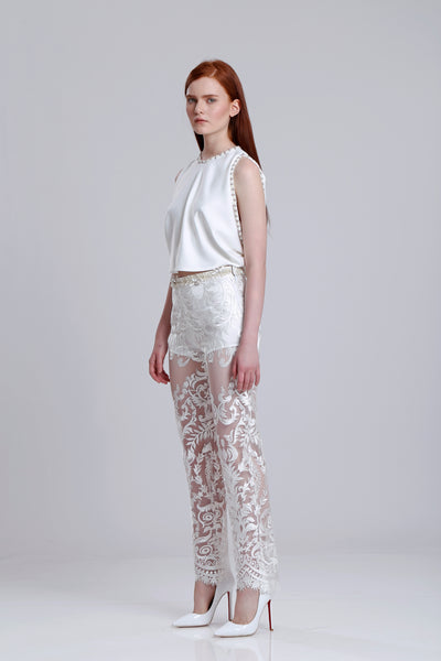 Embroidered lace sheer pants