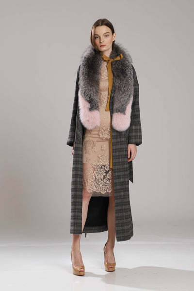 Dawn Oversize Checkered Long Coat With Fur