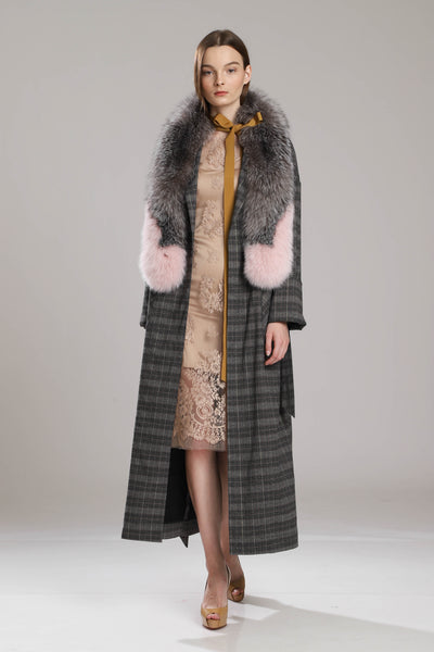 Dawn Oversize Checkered Long Coat With Fur