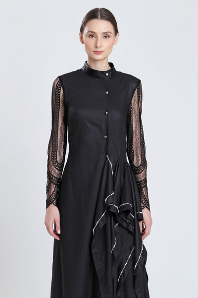 Sophie Statement Godet Dress with French Lace Sleeve