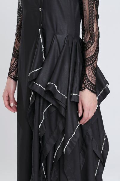 Sophie Statement Godet Dress with French Lace Sleeve