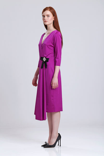 Wrapover Dress with Side Crystal Brooch