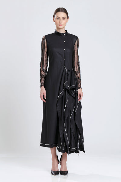 Sophie Statement Godet Dress with French Lace Sleeve